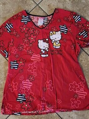 Large Hello Kitty Red Floral V-Neck Scrub Top with Striped Accents EUC